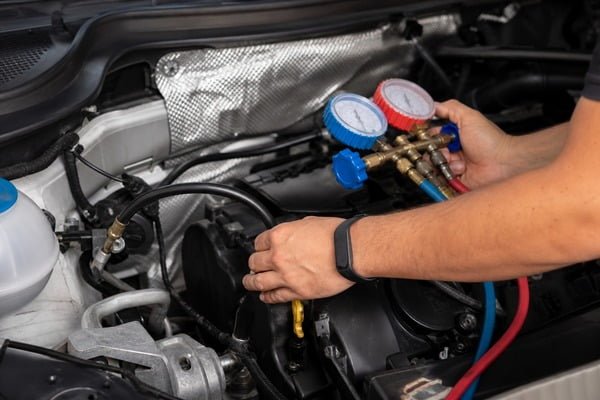 automotive AC hose connecting compressor and condenser in engine bay